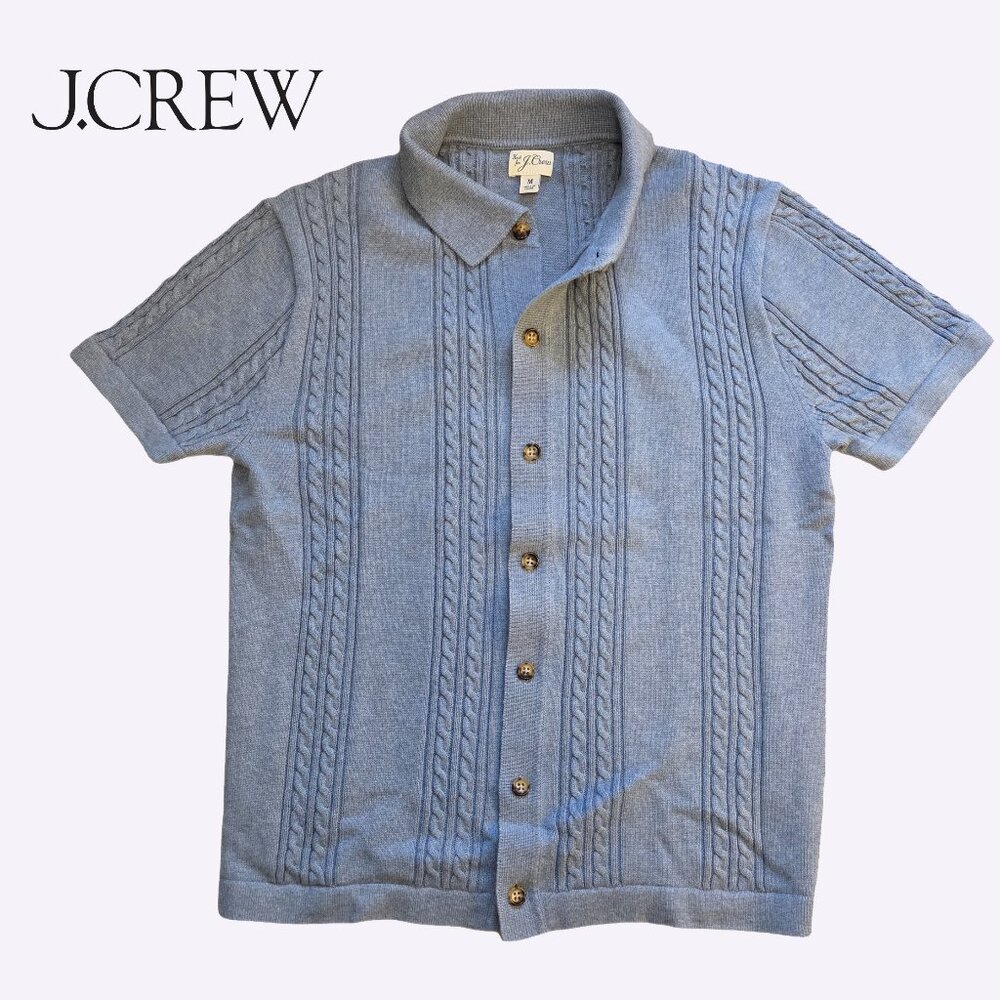 J.Crew Short-Sleeve Cotton Cable-Knit Sweater Polo (Style BP641) – Light Blue, M